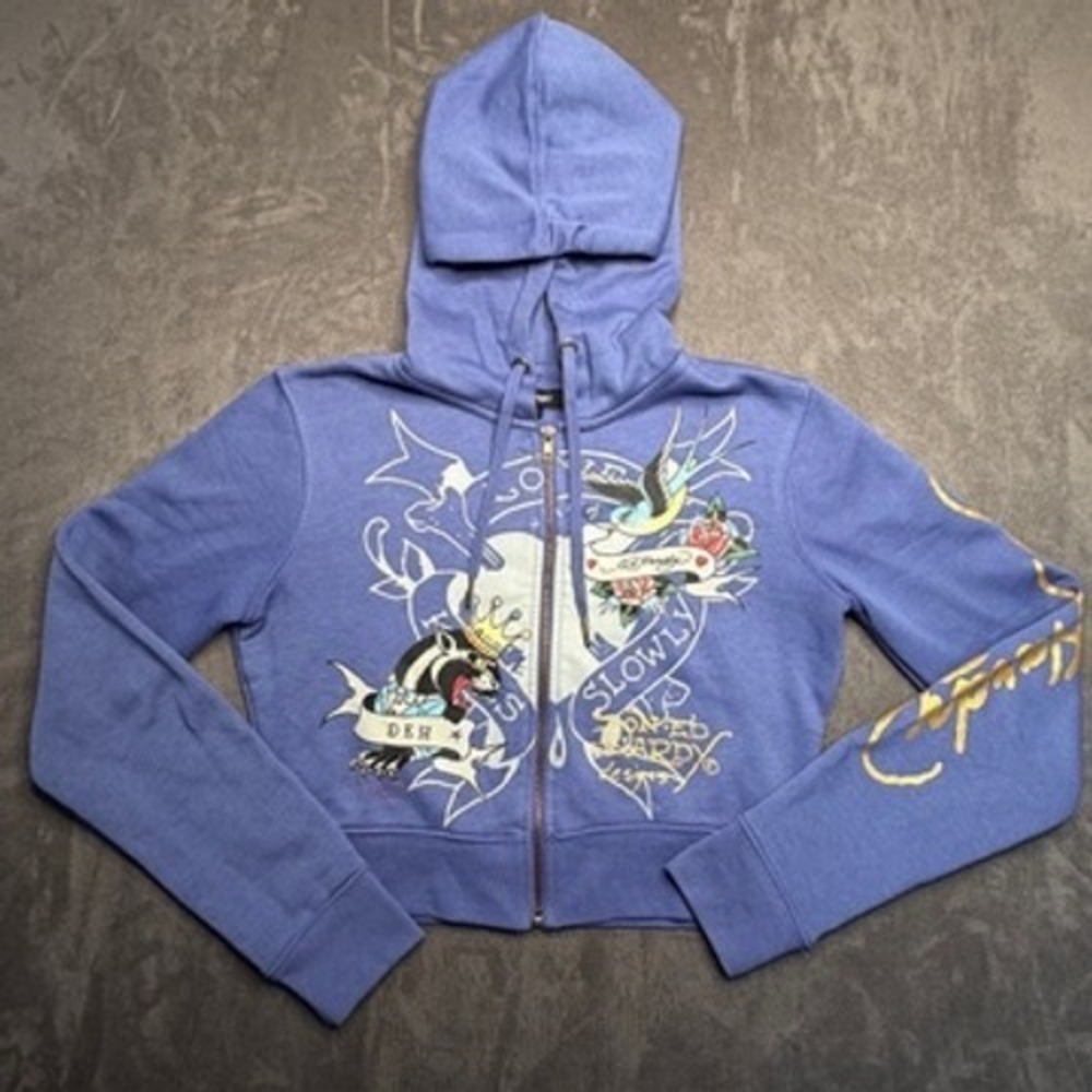 Ed Hardy Hoodie Womens Medium Blue Love Kills Slowly Tattoo Graphic Cropped Zip